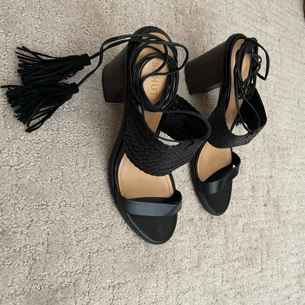 SCHUTZ Strappy Black Block Heel Sandals with Tassels - Picture 3 of 6